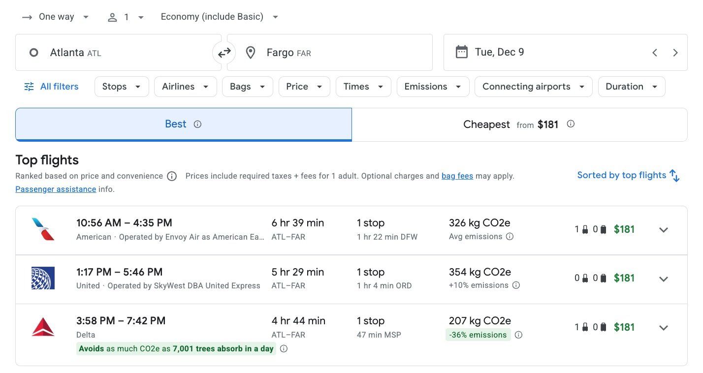 american united and delta fares from atlanta to fargo for $181