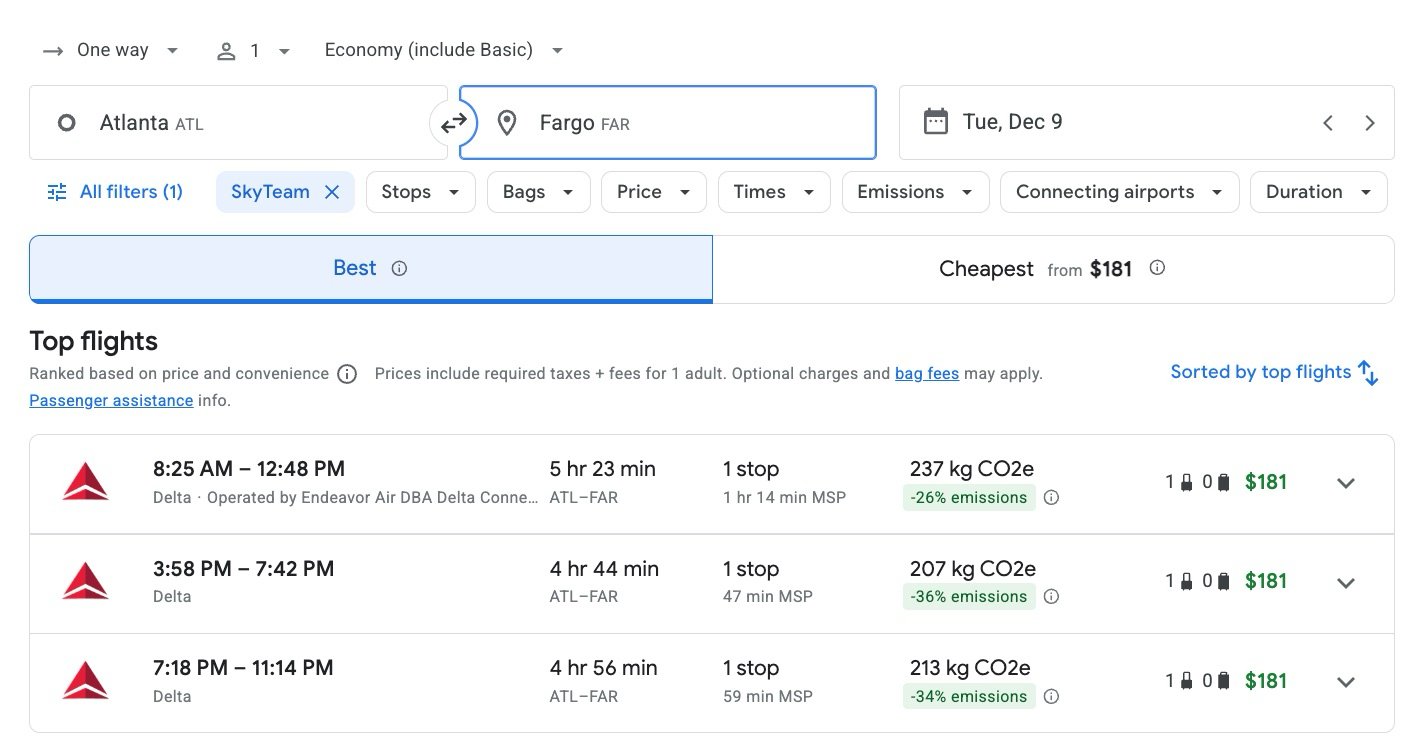 delta flights from atlanta to fargo for $181