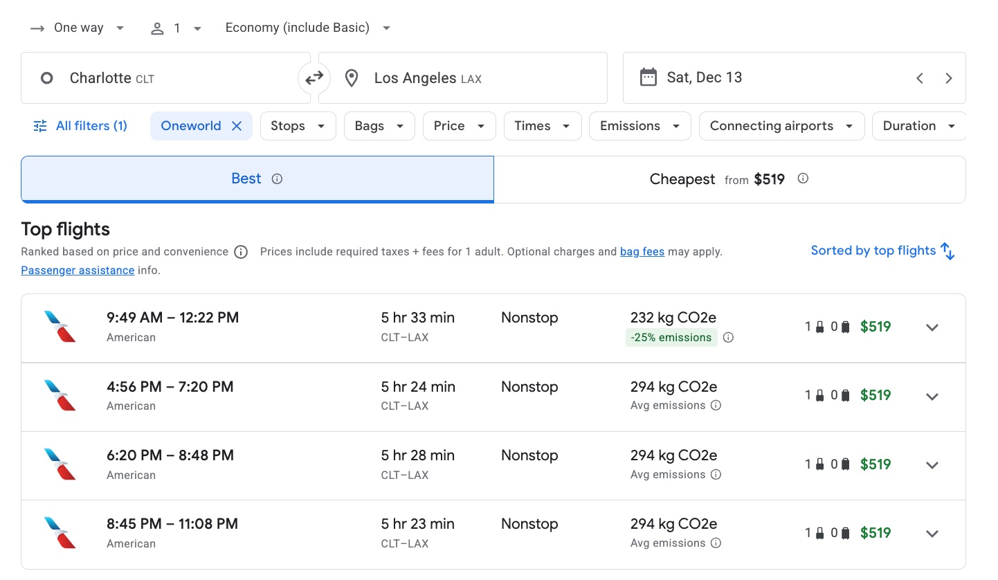 american airlines charlotte to los angeles flights for $519