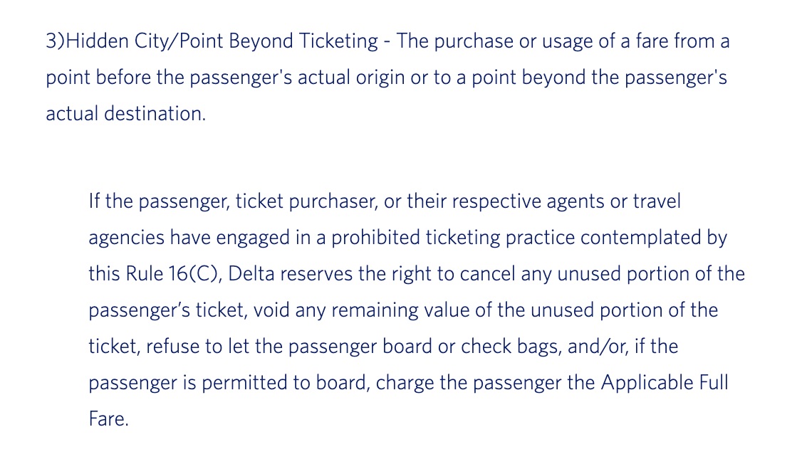 delta contract of carriage on hidden city ticketing