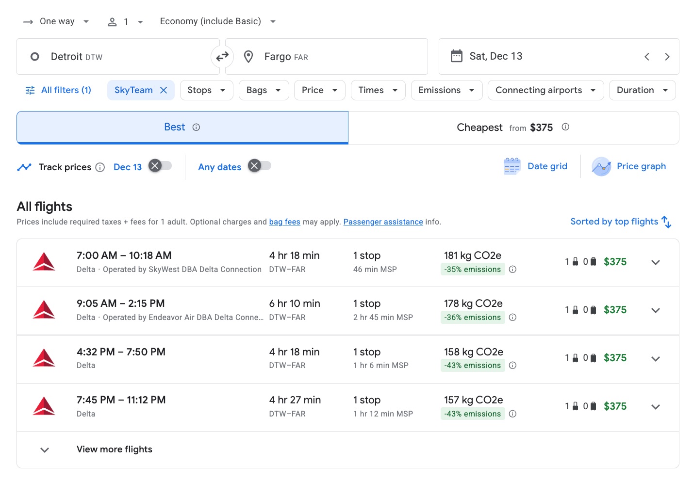 detroit to fargo delta flights for $375 on google flights