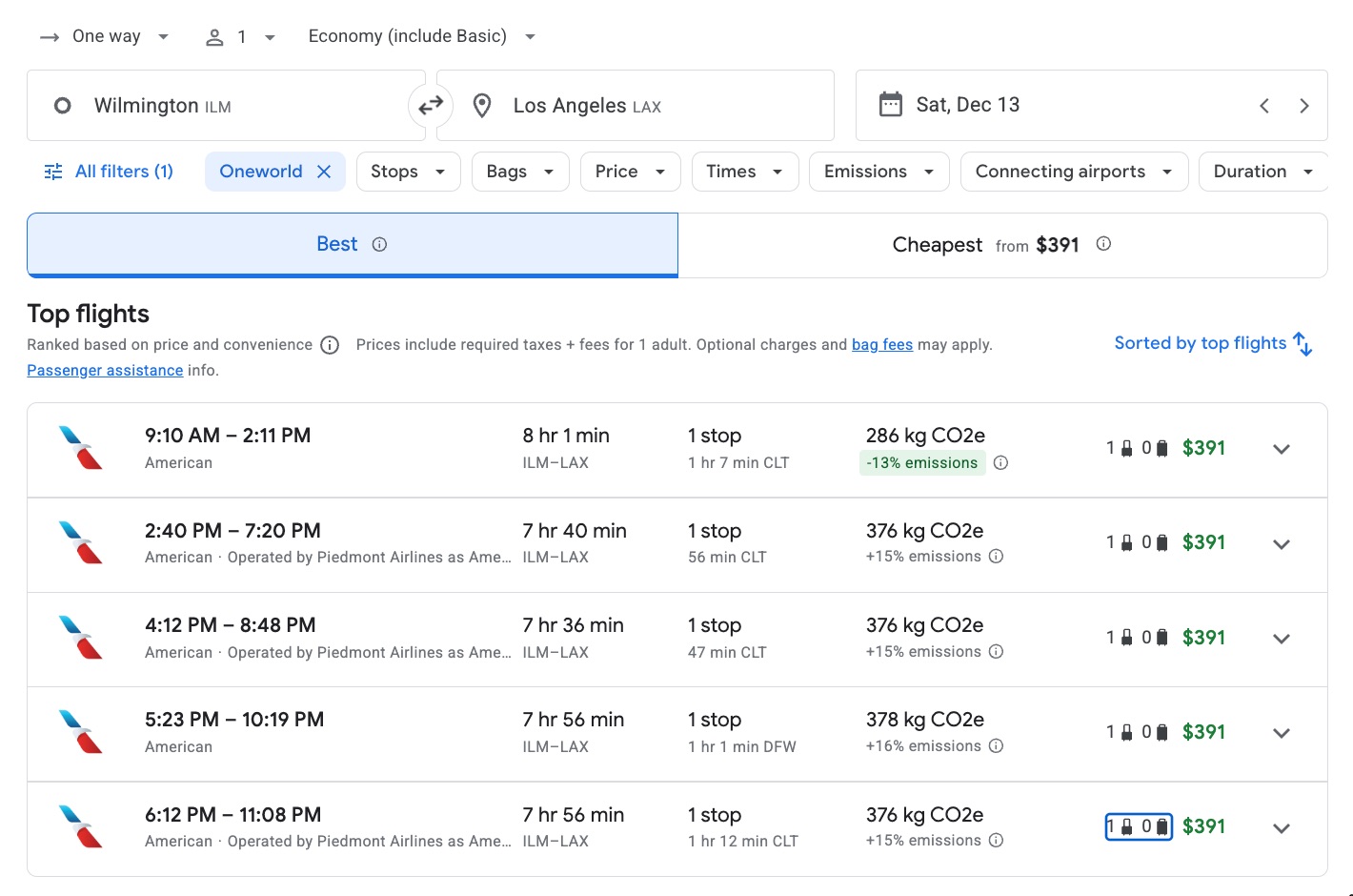 american airlines flights from wilmington to los angeles