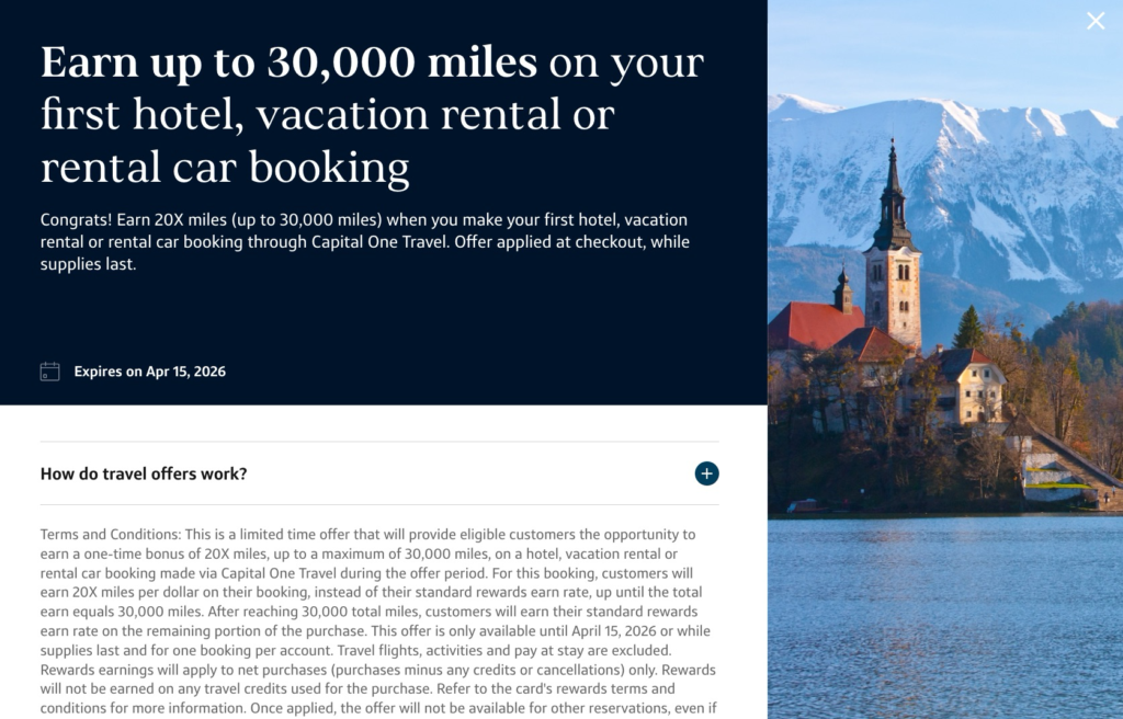 Awesome (Targeted) Capital One Offer: Earn 20x Miles on Hotels & Rental Cars! 1 Capital One Travel Portal Offer to earn up to 30k miles