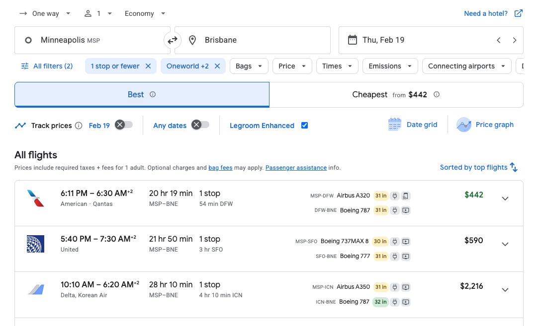 Are Airlines Ditching Higher One-Way Fares for International Flights? 3 Minneapolis to Brisbane one-way flight pricing on Google Flights