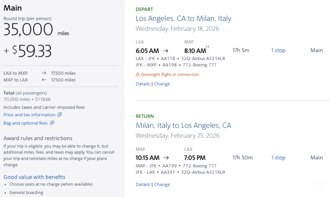 The Best AAdvantage Miles Deals ... That American Never Advertises 33 LAX to MXP for 35,000 points roundtrip