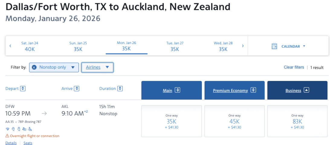 The Best AAdvantage Miles Deals ... That American Never Advertises 39 DFW to Auckland, New Zealand biz class
