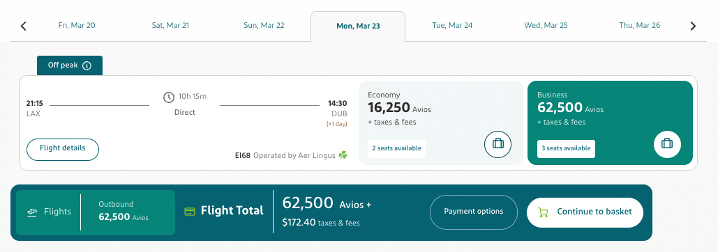 AA Miles Just Got a New (& Useful) Way to Get to Europe with Aer Lingus 5 Aer Lingus business class award booking from LAX-DUB for 62,500 Avios and $170 in taxes and fees.