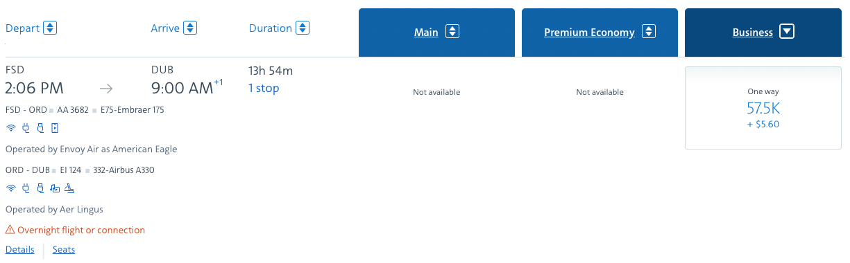 AA Miles Just Got a New (& Useful) Way to Get to Europe with Aer Lingus 2 AA award booking from FSD-DUB for 57,500 miles in business class each way