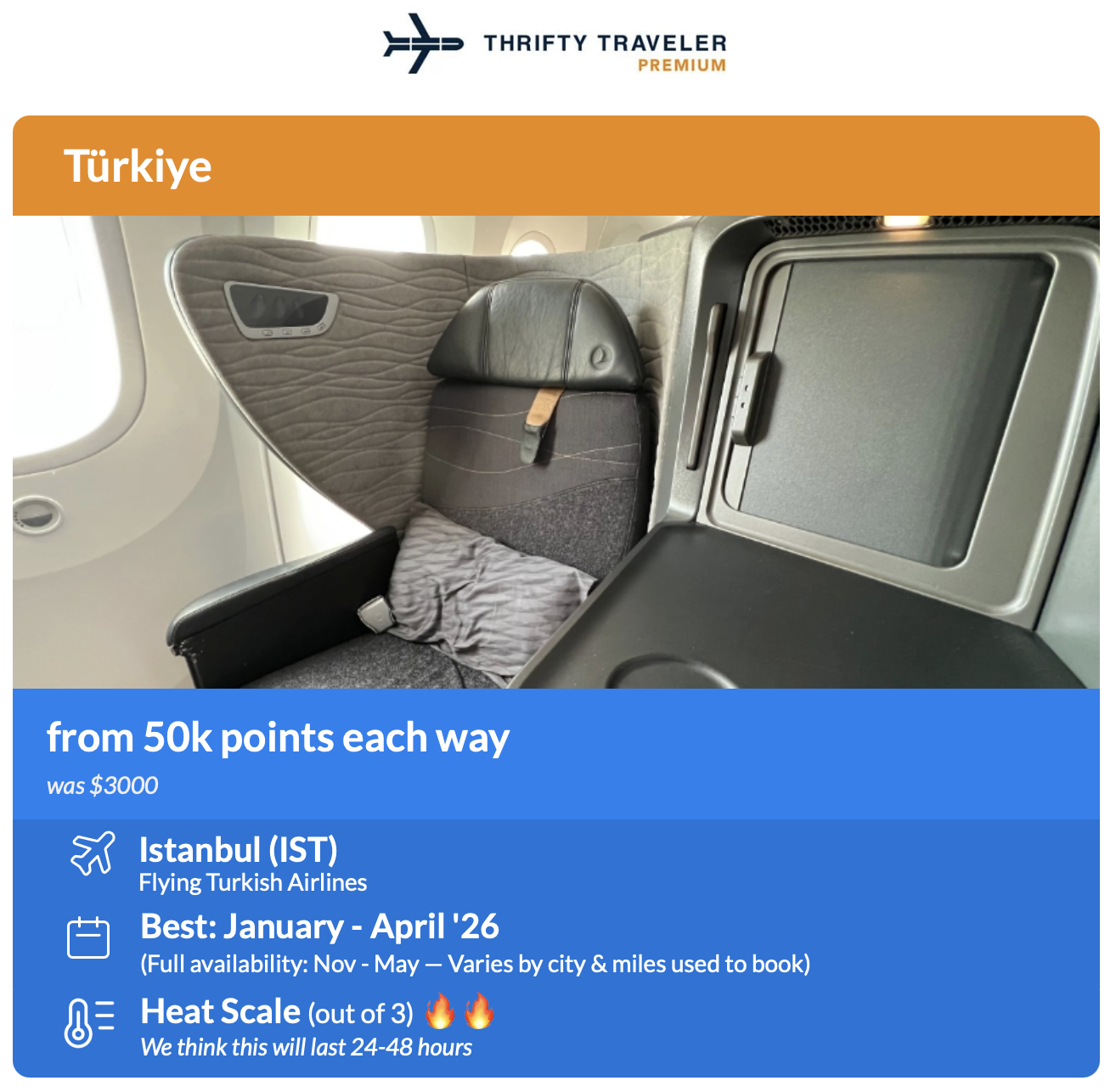 The #1 Way to Find Better United MileagePlus Redemptions 31 Thrifty Traveler Premium flight deal alert to Istanbul for 80k miles in biz class class