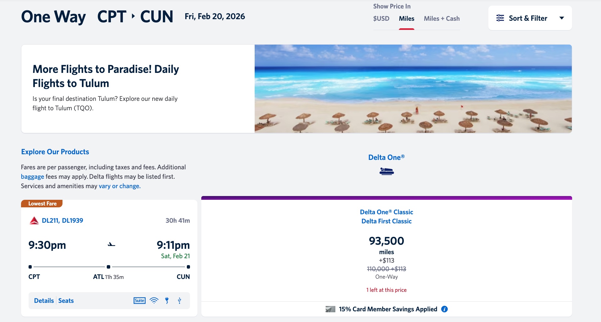 cape town to cancun for 93,500 skymiles
