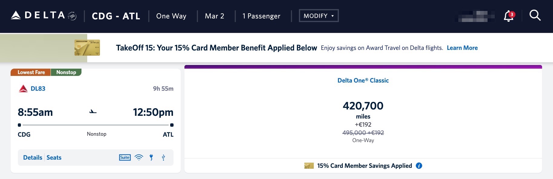 paris to atlanta for 420,000 skymiles