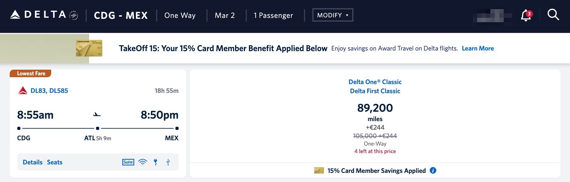 paris to atlanta to mexico city for 89,200 skymiles