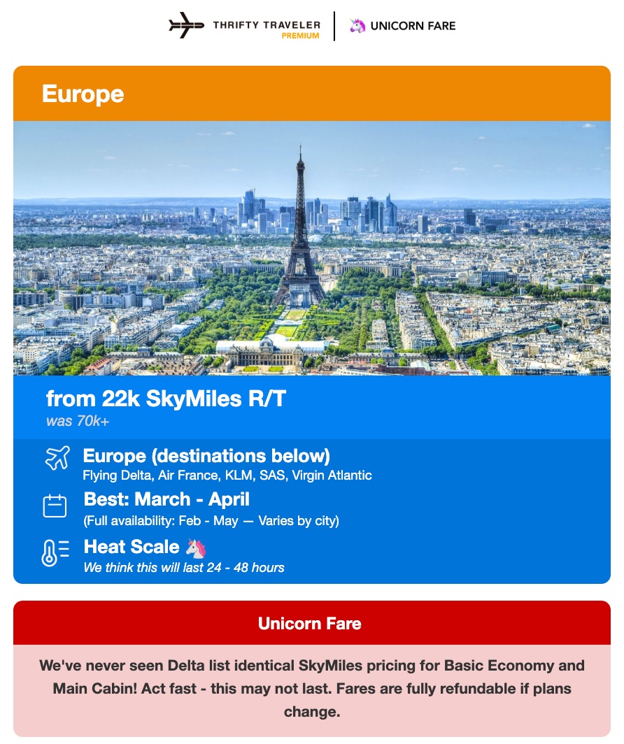delta skymiles europe thrifty traveler premium deal