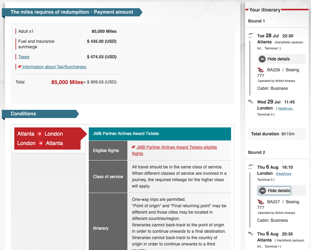 How to Book Award Tickets with Japan Airlines Miles 23 ATL-LHR roundtrip with JAL miles
