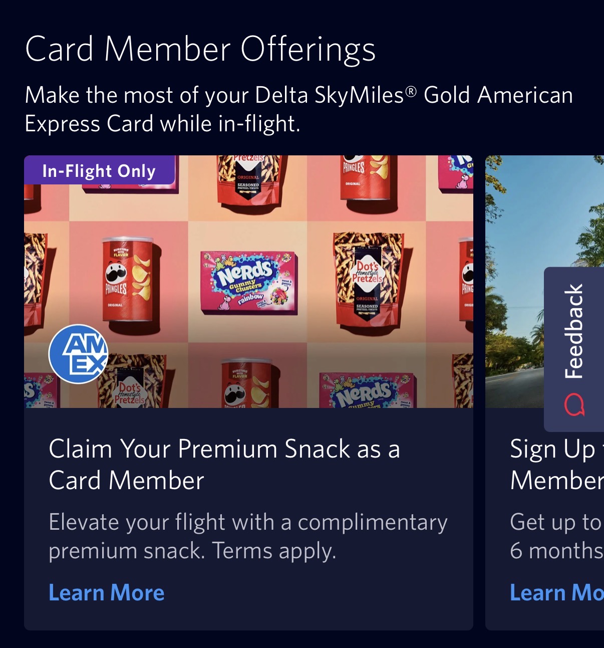 A Little-Known & Tasty Benefit of Delta SkyMiles Cards: Get a Free Premium Snack! 1 delta cardmember offerings in wi-fi portal showing premium snack