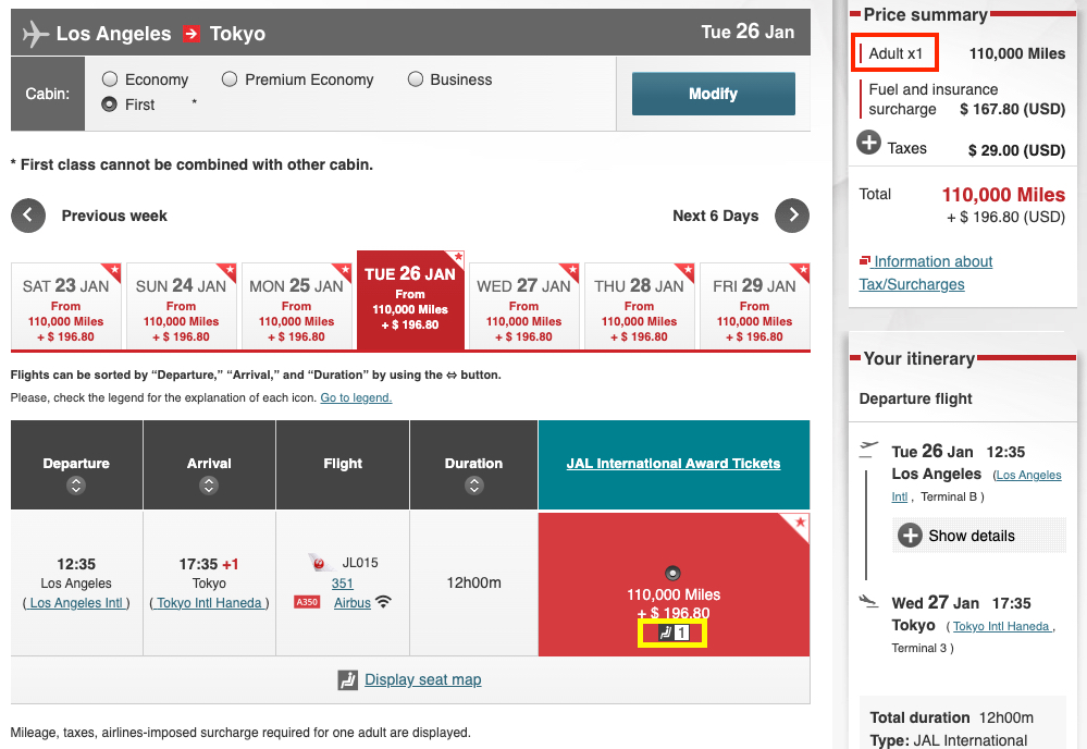 How to Book Award Tickets with Japan Airlines Miles 15 JAL first class search for 1 passenger