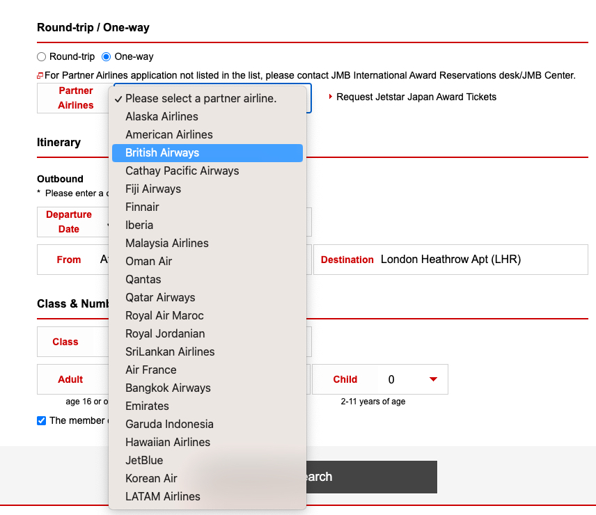 How to Book Award Tickets with Japan Airlines Miles 19 choosing partner airline on JAL search