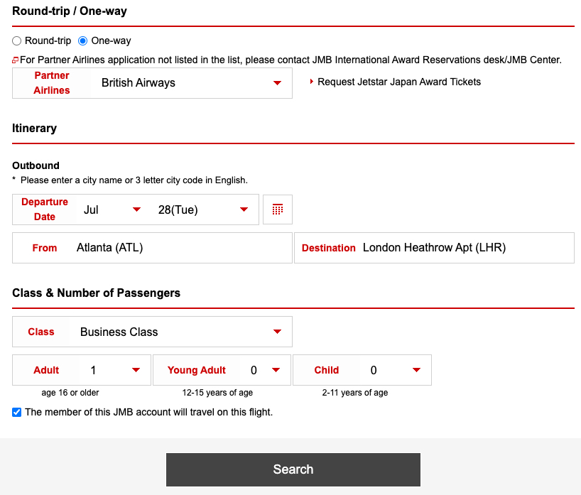 How to Book Award Tickets with Japan Airlines Miles 20 JAL partner one way search