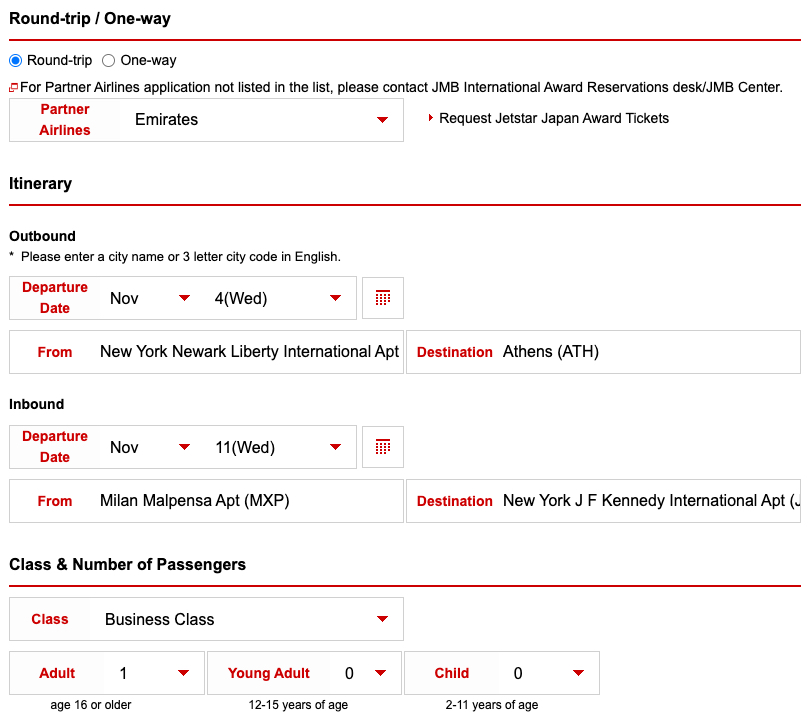 How to Book Award Tickets with Japan Airlines Miles 24 JAL round trip search open jaw
