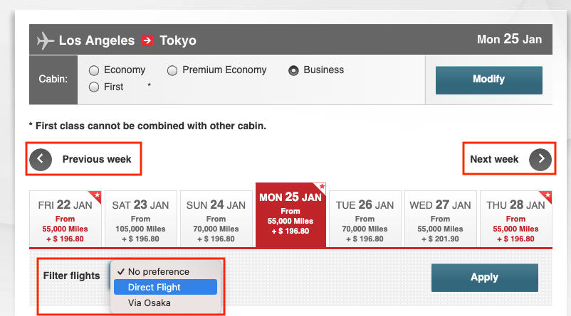 How to Book Award Tickets with Japan Airlines Miles 9 JAL search one week view