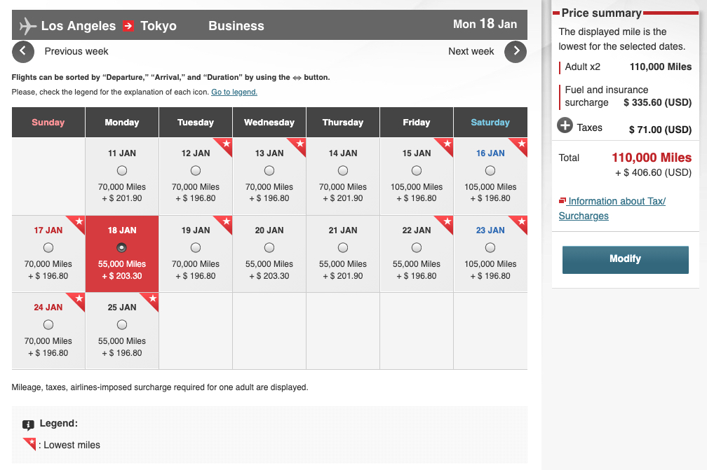 How to Book Award Tickets with Japan Airlines Miles 13 JAL search two week view