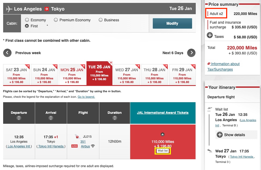 How to Book Award Tickets with Japan Airlines Miles 14 JAL waitlist 2 pax first