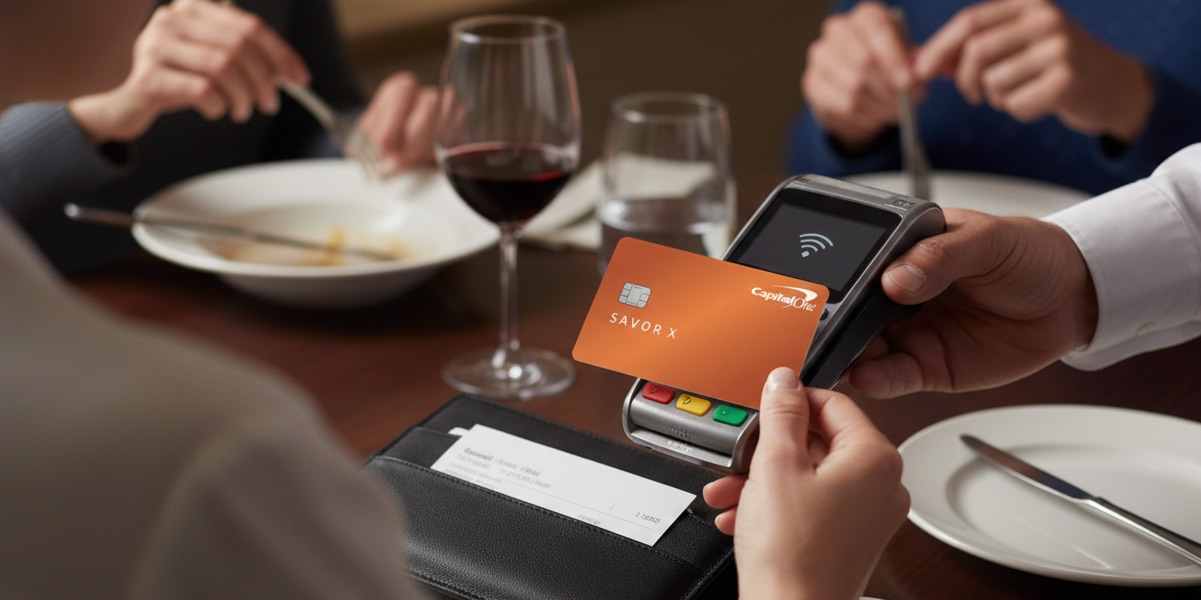 Is Capital One Set to Challenge Amex for Dining Dominance With Rumored 'Savor X' Card? 1 Savor X tap to pay for Dining with empty plates and glasses on a table