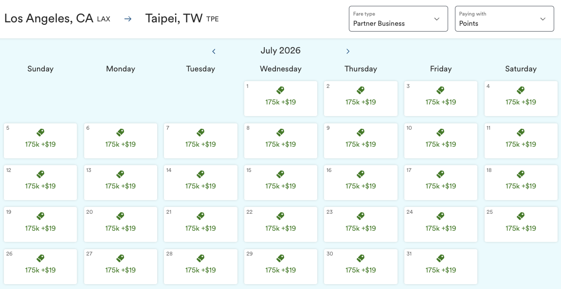 Starlux Business Class Review: A Swanky Experience on the A350-900 2 Alaska award calendar for Starlux business class availability from LAX-TPE for July 2026