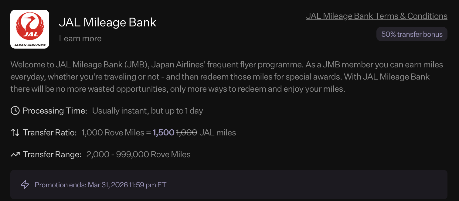 Get Up to 50% More Points With the Current List of Transfer Bonuses! 6 Rove Miles to Japan Airlines 50% transfer bonus