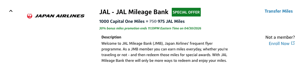 Back Again: Get a 30% Bonus Sending Capital One Miles to Japan Airlines! 1 Capital One to JAL 30% transfer bonus