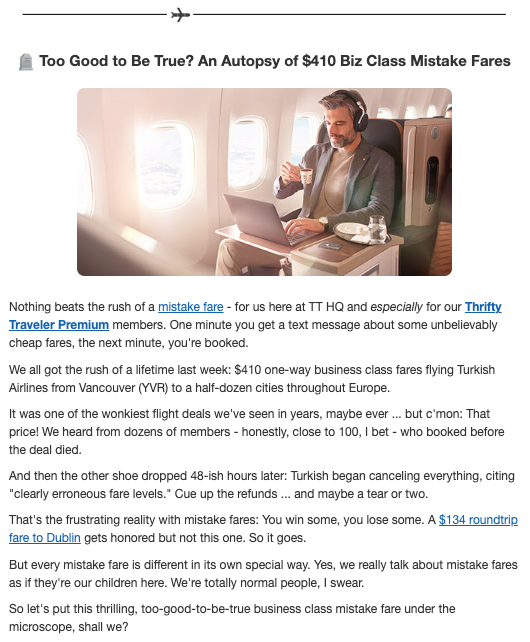 Meet the New & Improved Extra Mile Newsletter: Now Landing in Your Inbox Every Weekday! 1 Extra Mile Newsletter Excerpt on a $410 business class mistake fare