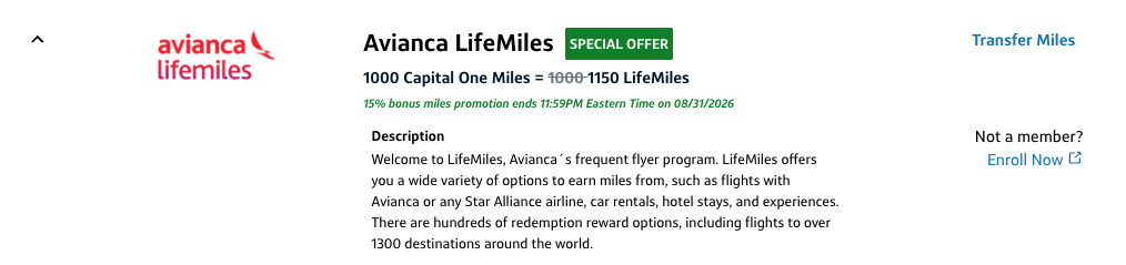 Get Up to 70% More Points With the Current List of Transfer Bonuses! 5 Capital One to Avianca LifeMiles 15% transfer bonus