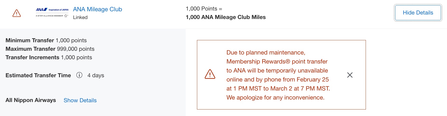 Uh Oh? Amex Pauses Points Transfers to ANA Mileage Club 1 amex transfer ana