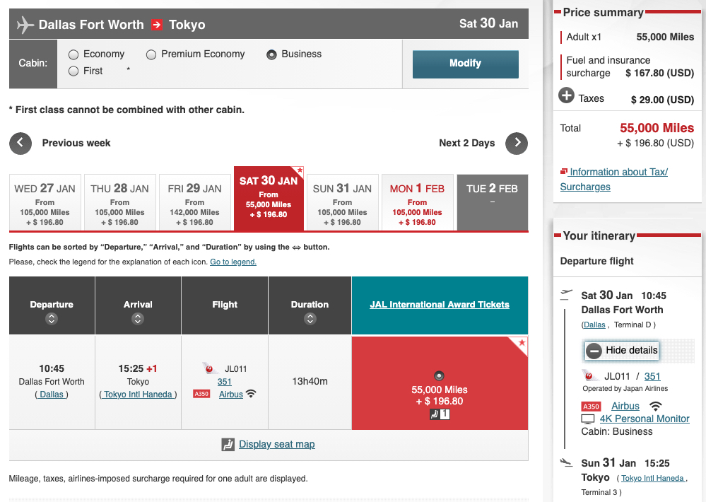 How to Book Award Tickets with Japan Airlines Miles 30 Dallas to Tokyo using JAL miles