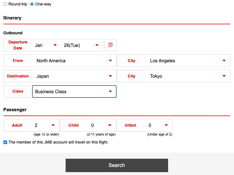 How to Book Award Tickets with Japan Airlines Miles 7 JAL one way search for JAL flights