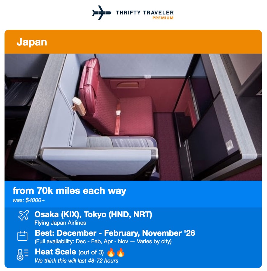 The World’s Best Business & First Class Flights - And How to Book Them on Points 20 japan airlines business class alert for 70k miles each way