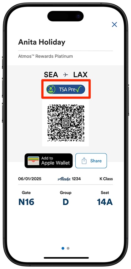 TSA PreCheck Touchless ID indicator on an Alaska Airlines boarding pass.