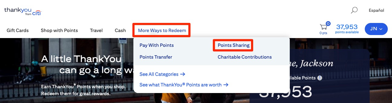 Citi to Kill Off Its Customer-Friendly 'ThankYou Points Sharing' Feature 2 Citi ThankYou Points Sharing screenshot