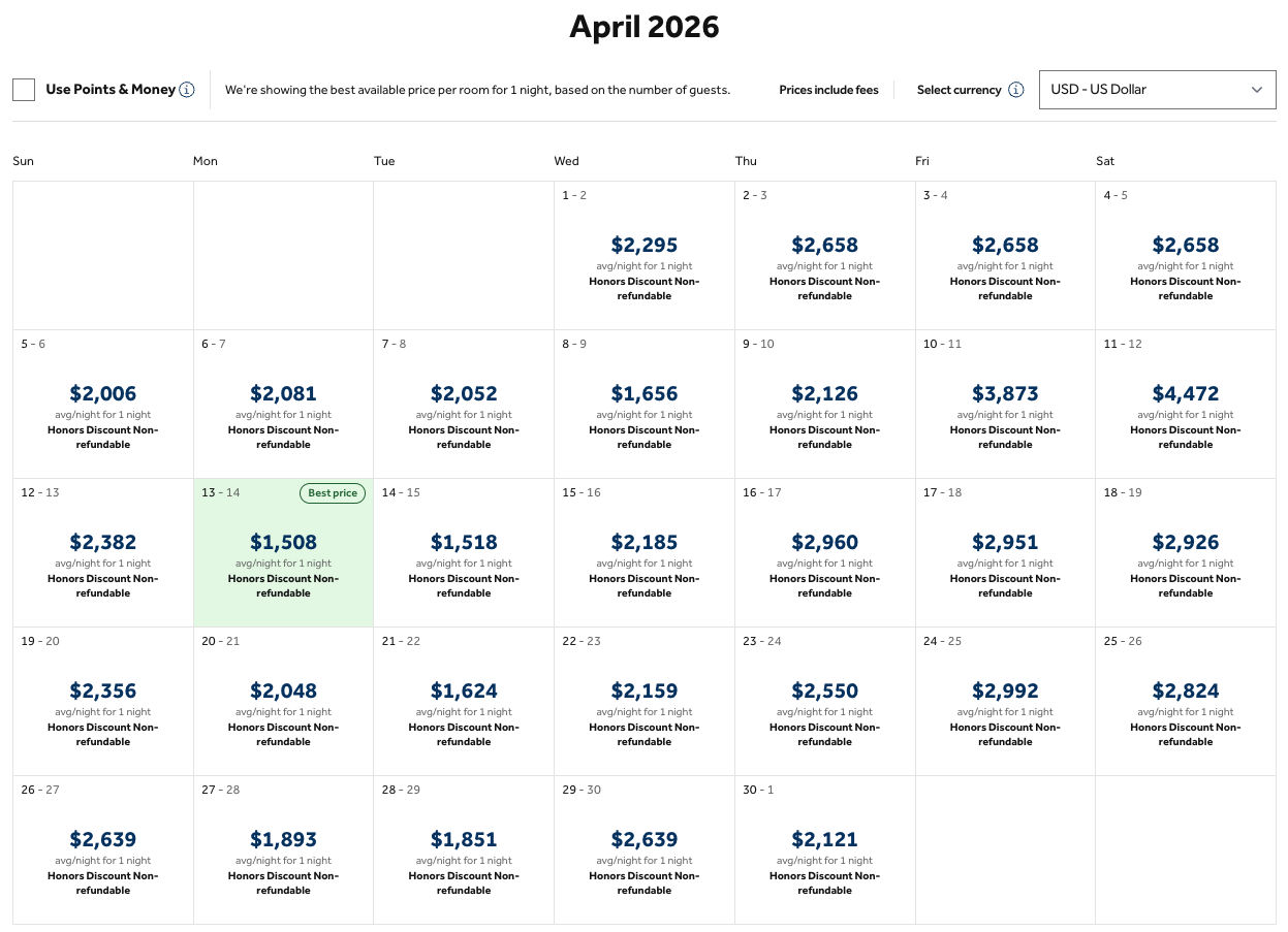 Hilton Rolls Out Helpful New Feature for Using Points (& Free Night Certificates) 3 Waldorf Astoria Los Cabos Pedregal cash calendar for April with the lowest-priced night highlighted in green.