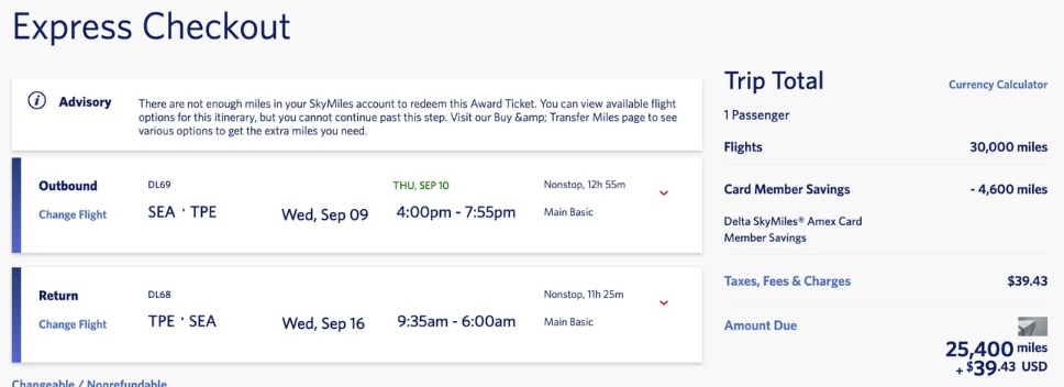 Delta SkyMiles Deals to Asia for Less than Atlanta: From 25K RT - or 89K in Delta One! 5 Delta SkyMiles TPE