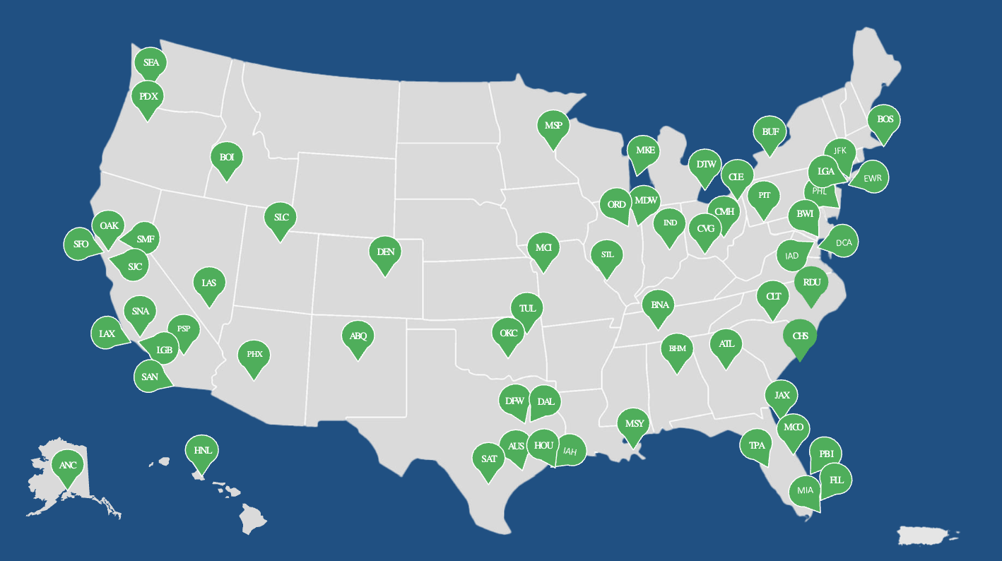A map of the U.S. showing TSA PreCheck Touchless ID eligible airports