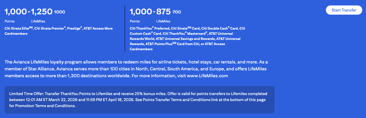 Get Up to 30% More Points With the Current List of Transfer Bonuses! 13 Avianca LifeMiles 25% Citi transfer bonus