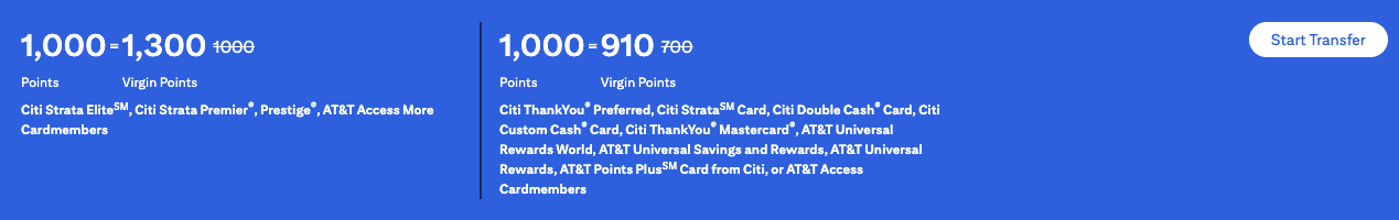 Get Up to 30% More Points With the Current List of Transfer Bonuses! 10 Citi to Virgin 30% transfer bonus