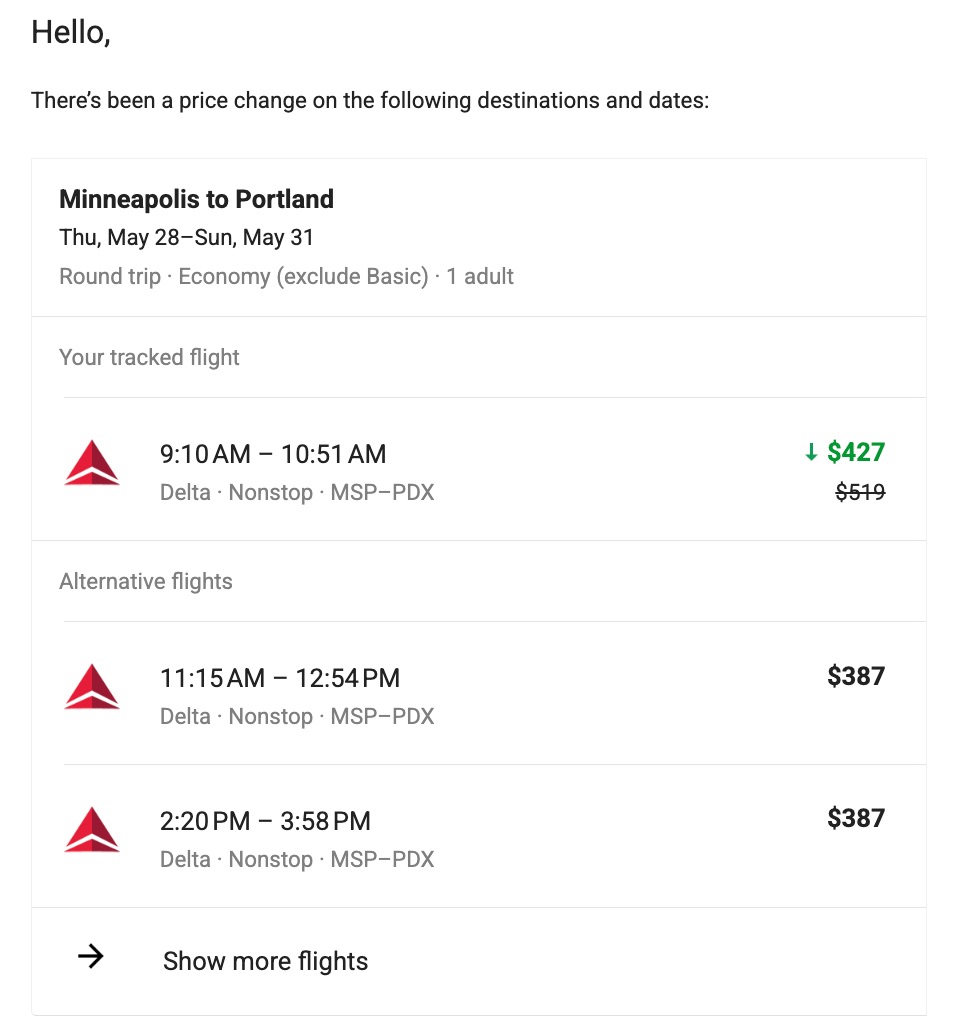 Shocked by Flight Prices? How We're Booking (& Rebooking) Flights Now 1 gf price alert with fare for $427