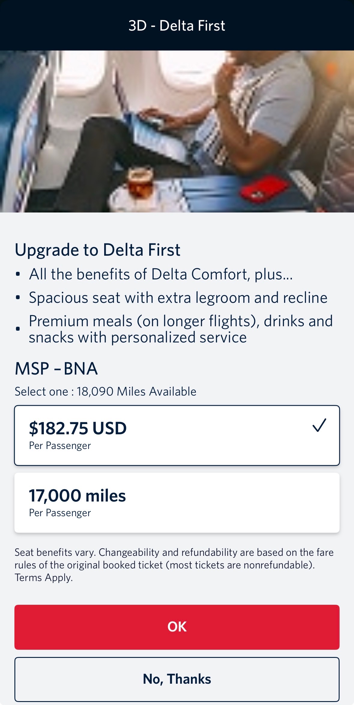 In-app upgrade offer for Delta flight