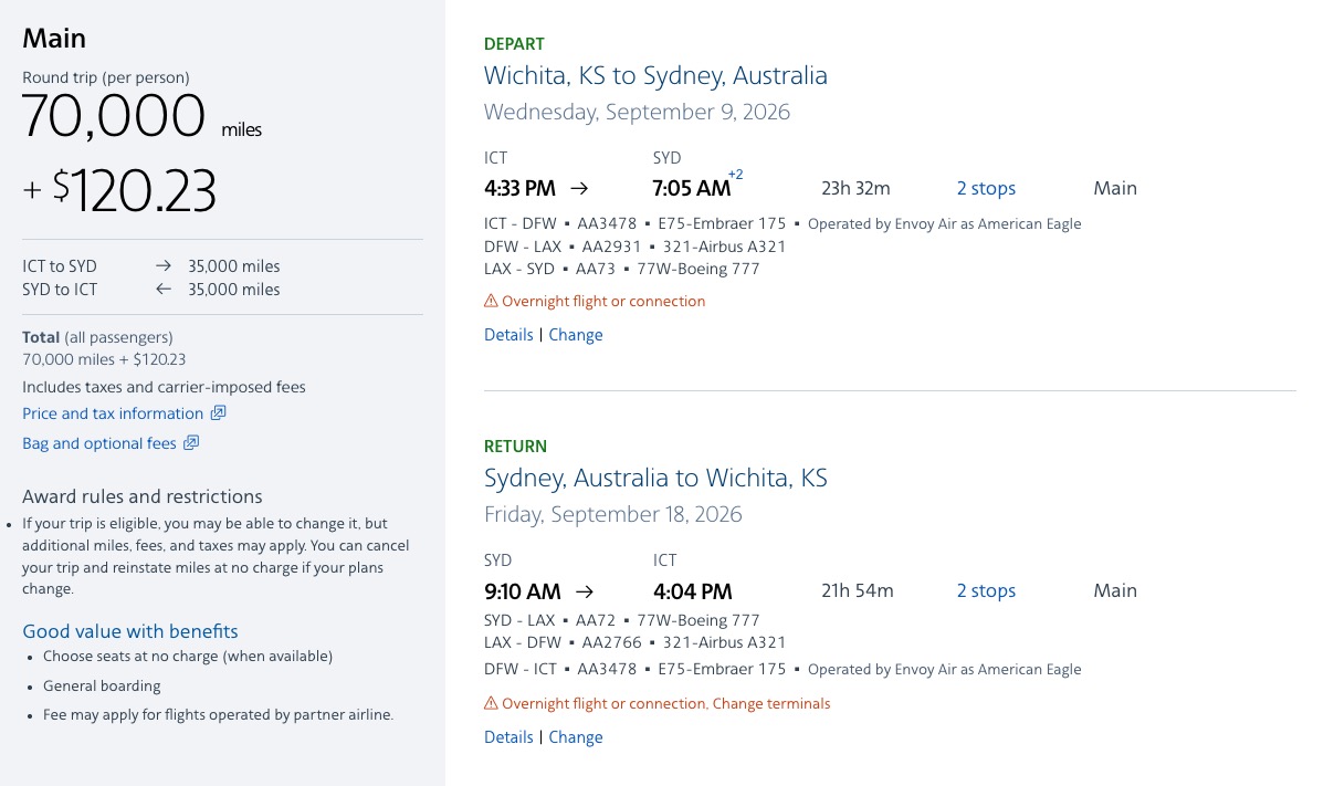 6 Incredible Ways to Use AAdvantage Miles, From Economy to Biz Class 1 AA miles booking from ICT to SYD