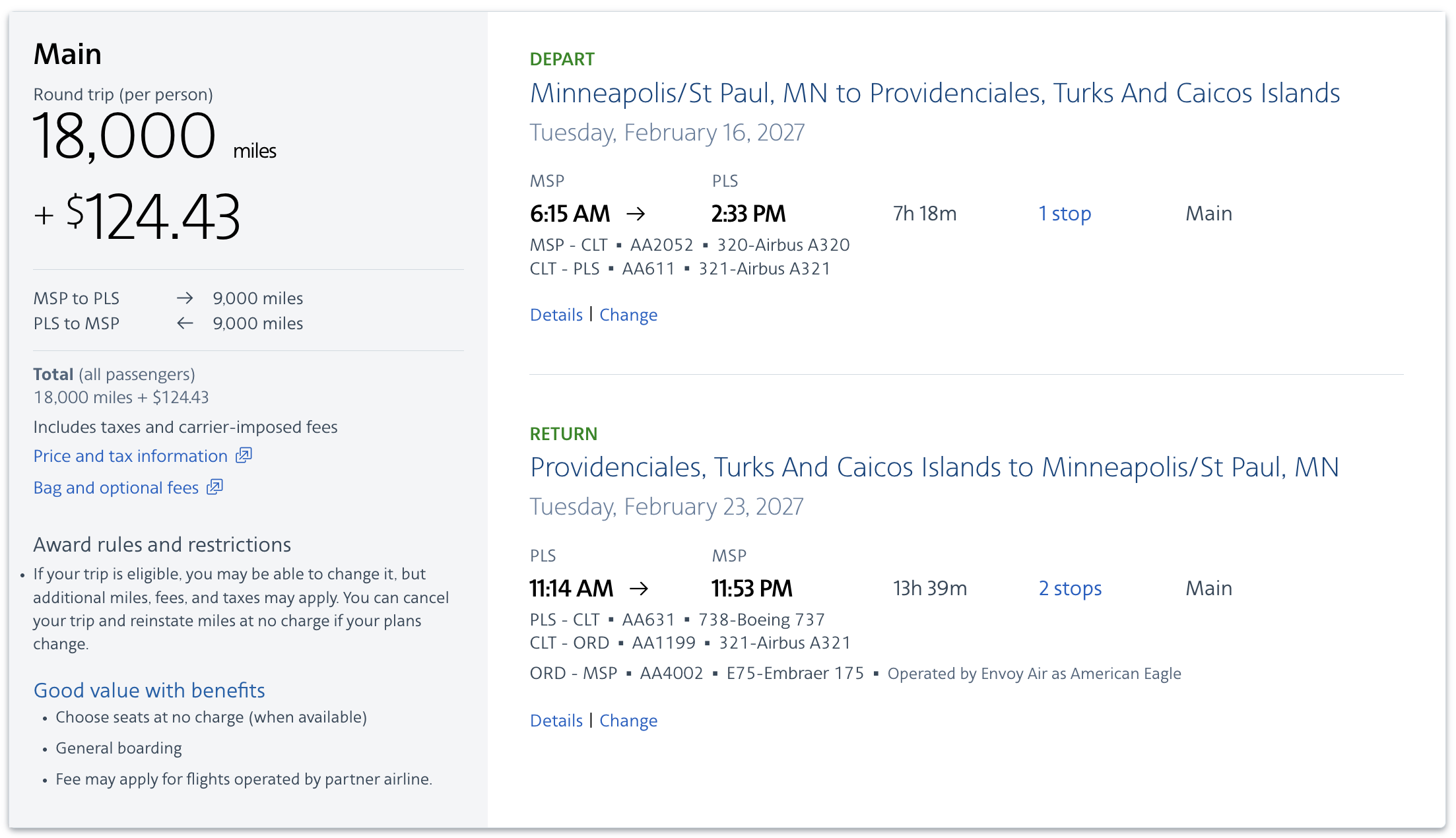 American AAdvantage Sweet Spots Still Worth Redeeming in 2026 9 MSP-PLS for 18,000 AA miles roundtrip