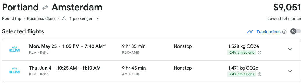Have Fee Hikes Made Air France/KLM's Flying Blue Promo Rewards Worthless? 4 Google Flights - KLM Business Class flight (PDX-AMS) for $9,051
