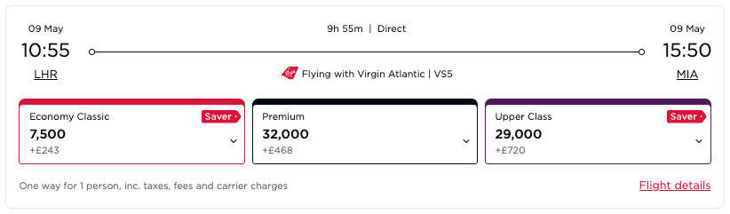 Ouch: Virgin Atlantic Hikes Fees (Again) on Award Tickets up to 50% 4 LHR-MIA Virgin Atlantic Award