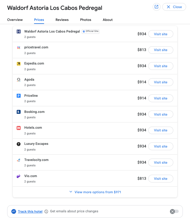 Google Hotels Price Tracker: Waldorf Astoria Los Cabos Pedregal